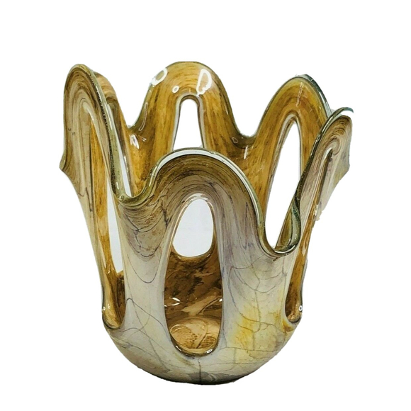 Vtg Makora Krosno Hand Blown Open Scalloped Edges Iridescent Glass Vase Poland - Picture 6 of 8